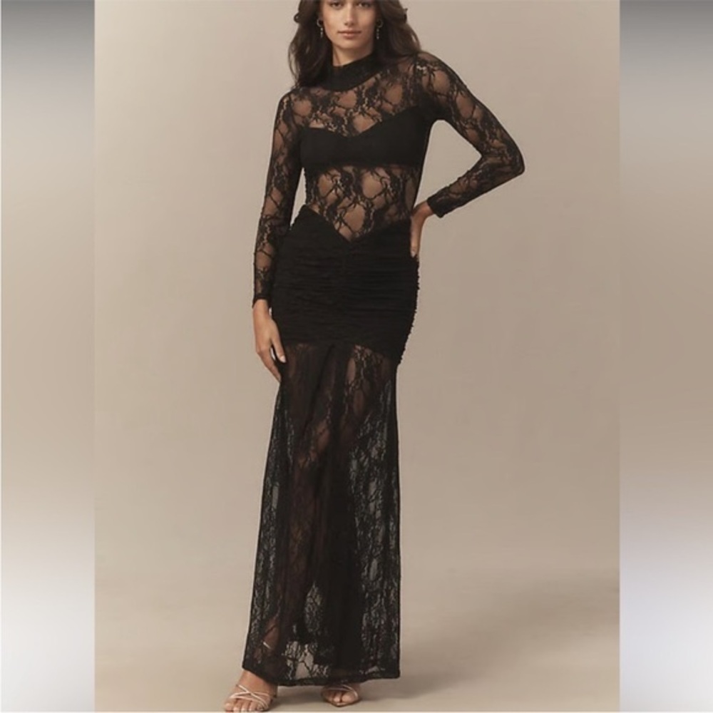Nightcap Dress Mock-Neck Drop-Waist Lace Long Sleeve Maxi Gown in Black